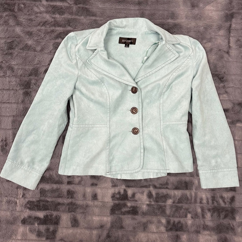 Studio I Mint Green Faux Suede Blazer Jacket Womens 8P Petite 3-Button RN66464